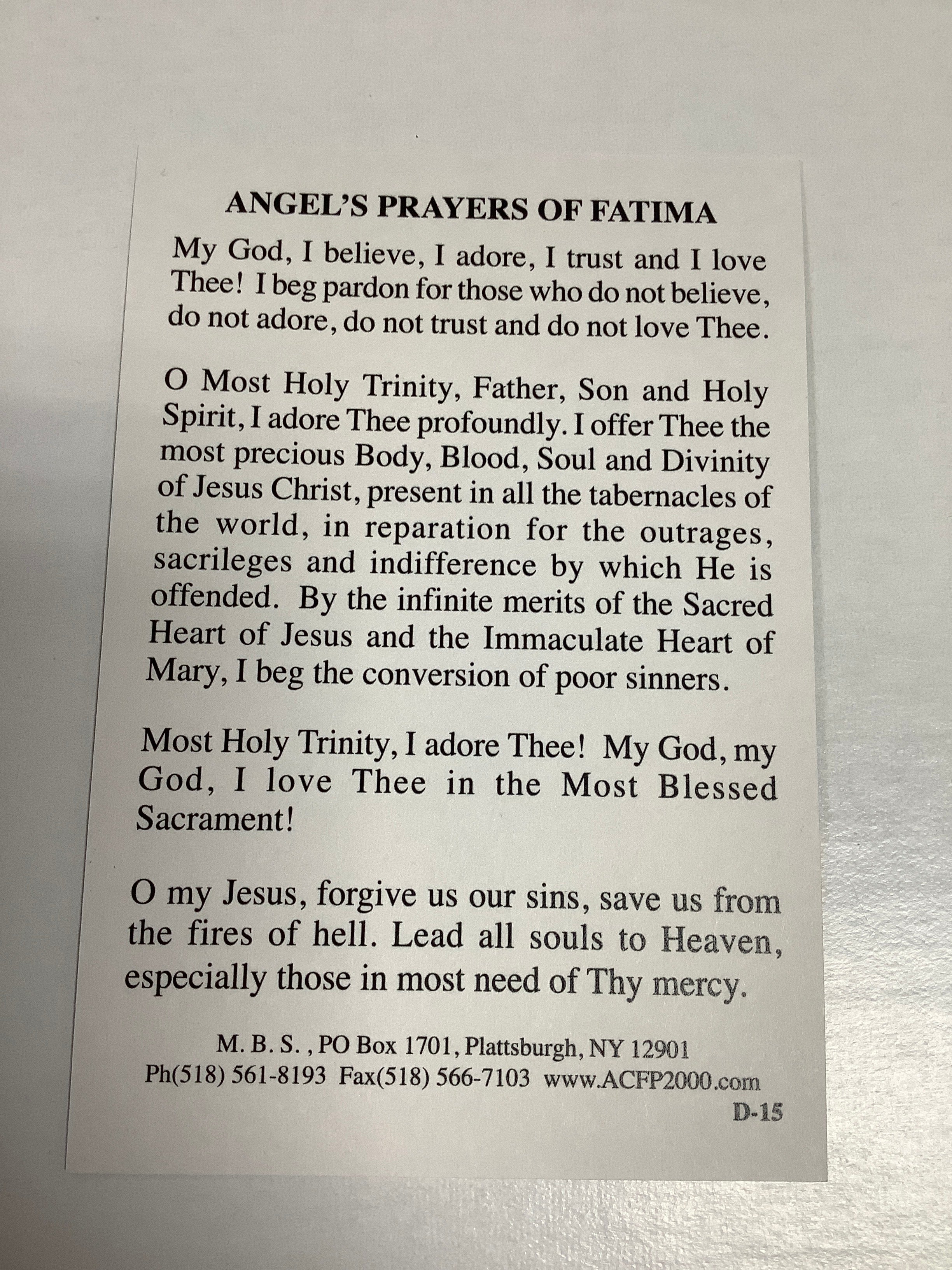 Prayer Card-Angel's Prayers Of Fatima D-15 PrayerCard