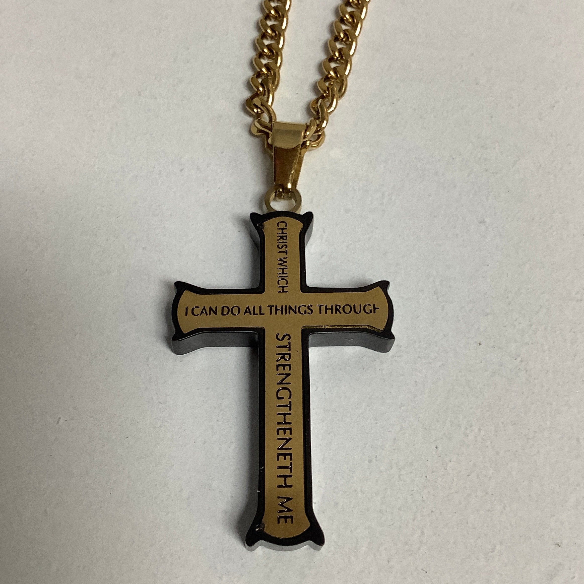 Necklace-Php 4:13-Iron Cross-Christ My Strength-Gold & Black-24"