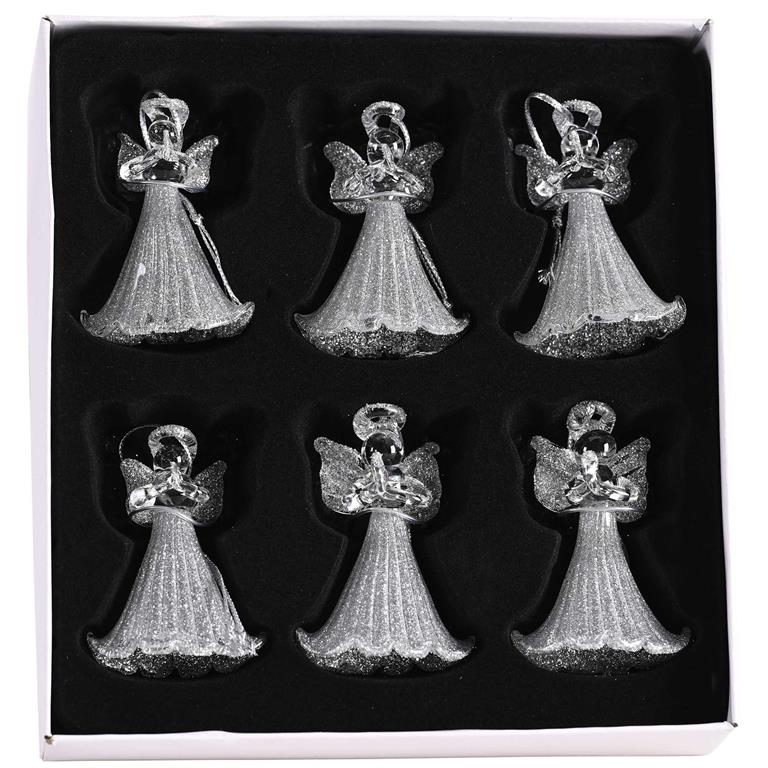 Ornament-Christmas-Praying Angel-Silver/Glass-Set Of 6
