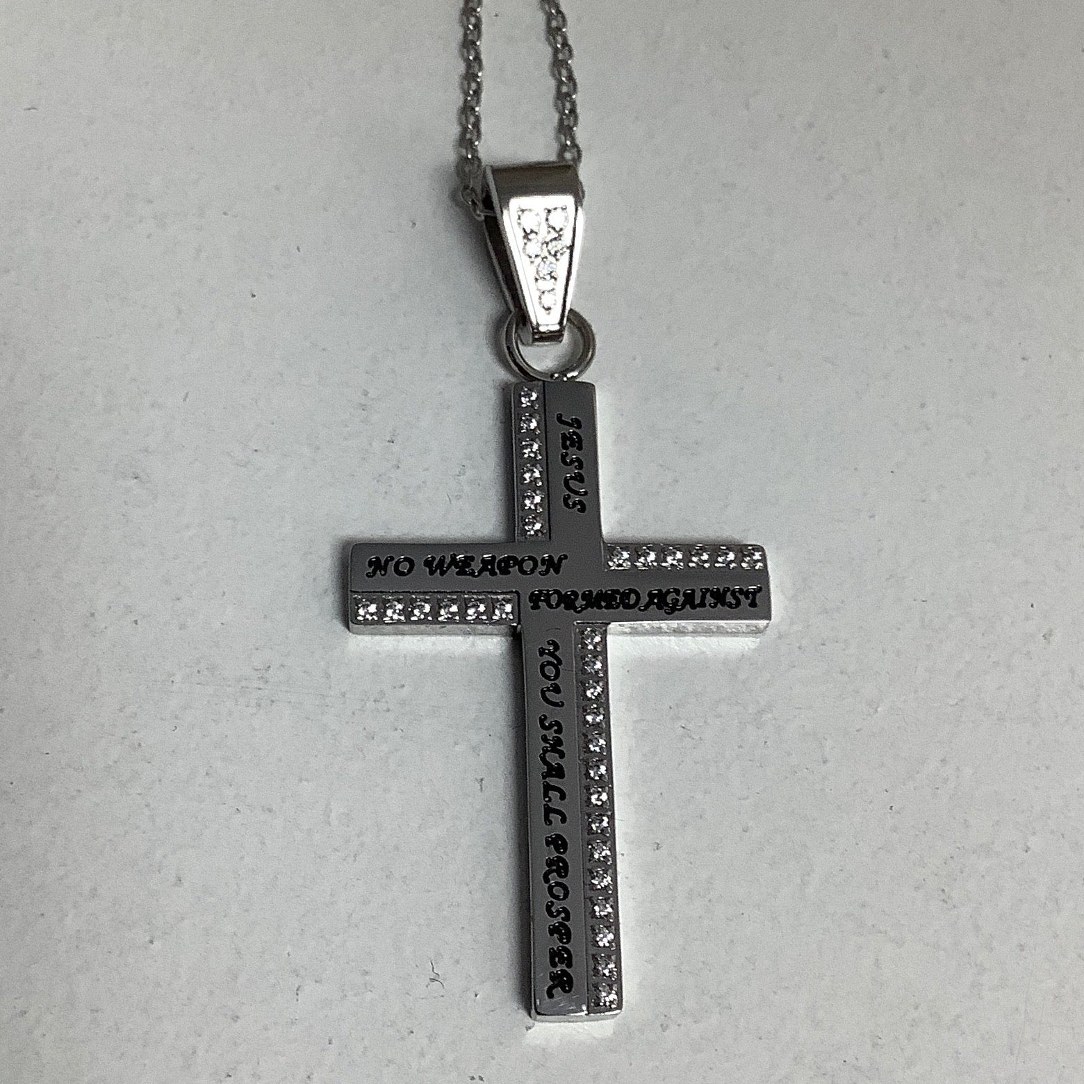 Necklace-Isa 54:17-Girl's CZ Cable Cross-No Weapon
