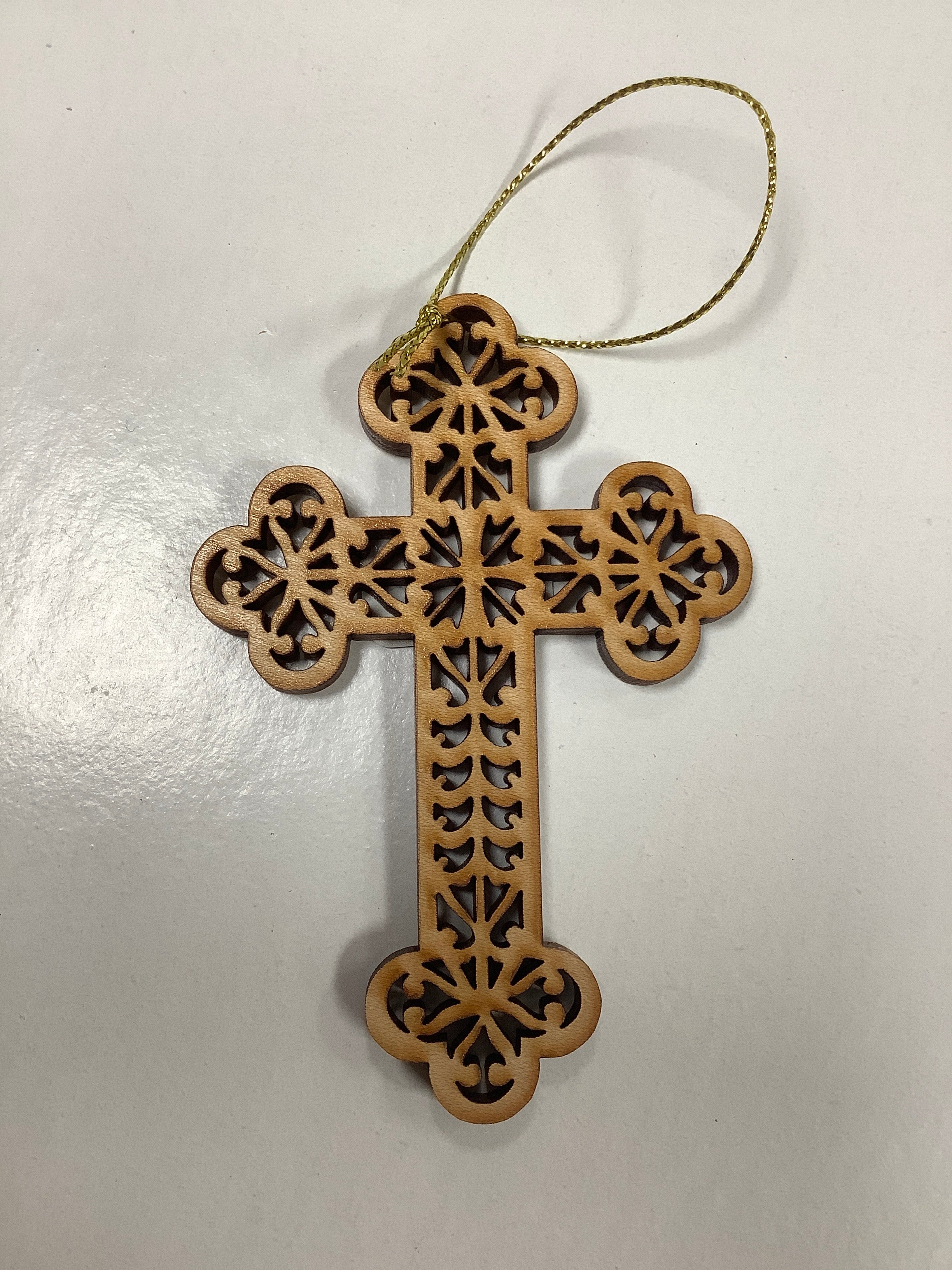Ornament-Wooden-Cross-Proclaim-Gold Cord