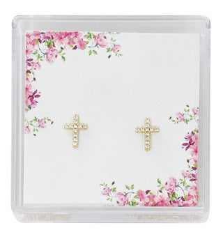 Earring-Cross-Gold Plated-Crystal