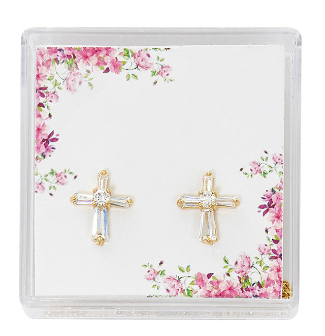 Earring-Gold CZ Cross