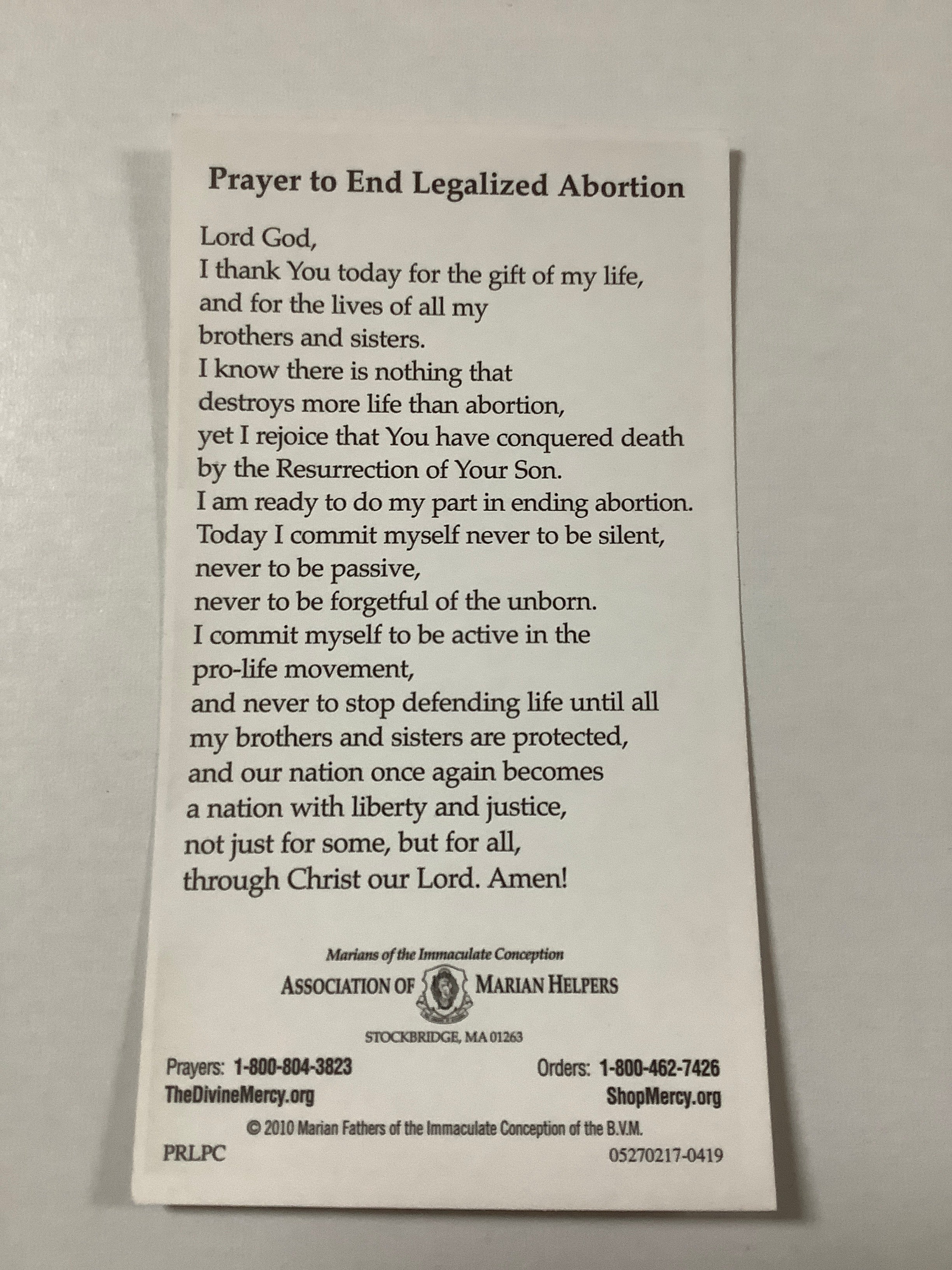 Prayer Card/To End Abortion