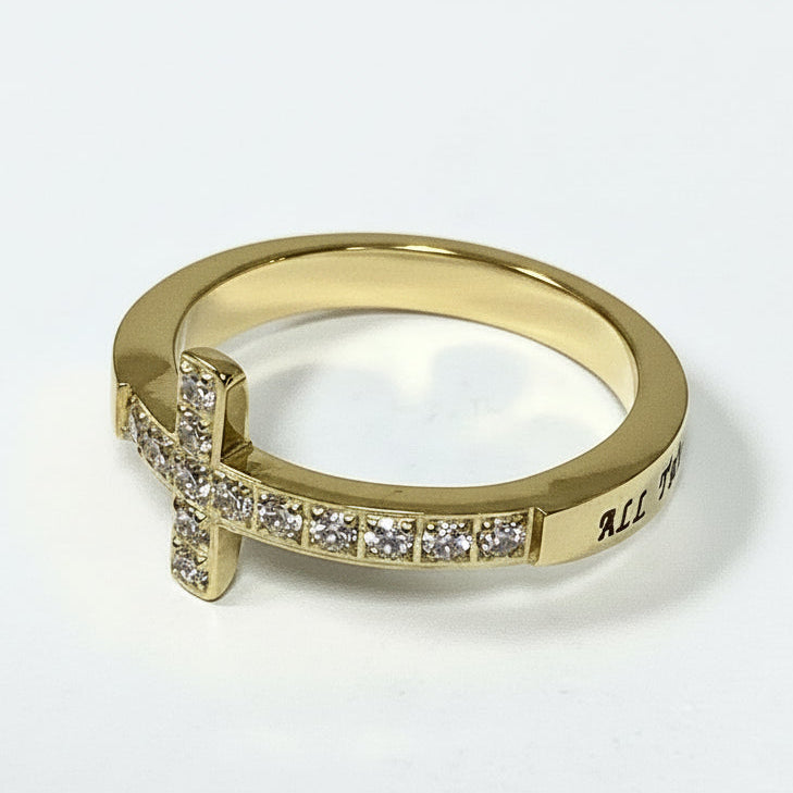 Ring-Php 4:13-Gold Sideways Cross-Christ My Strength