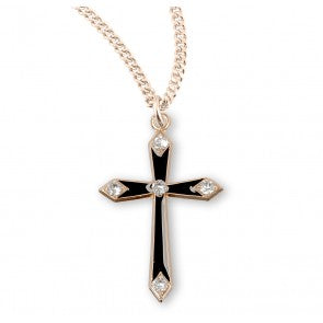 Necklace-Cross-Gold over SS-Blk Epoxy w/Stones-18"-GS3776BK18