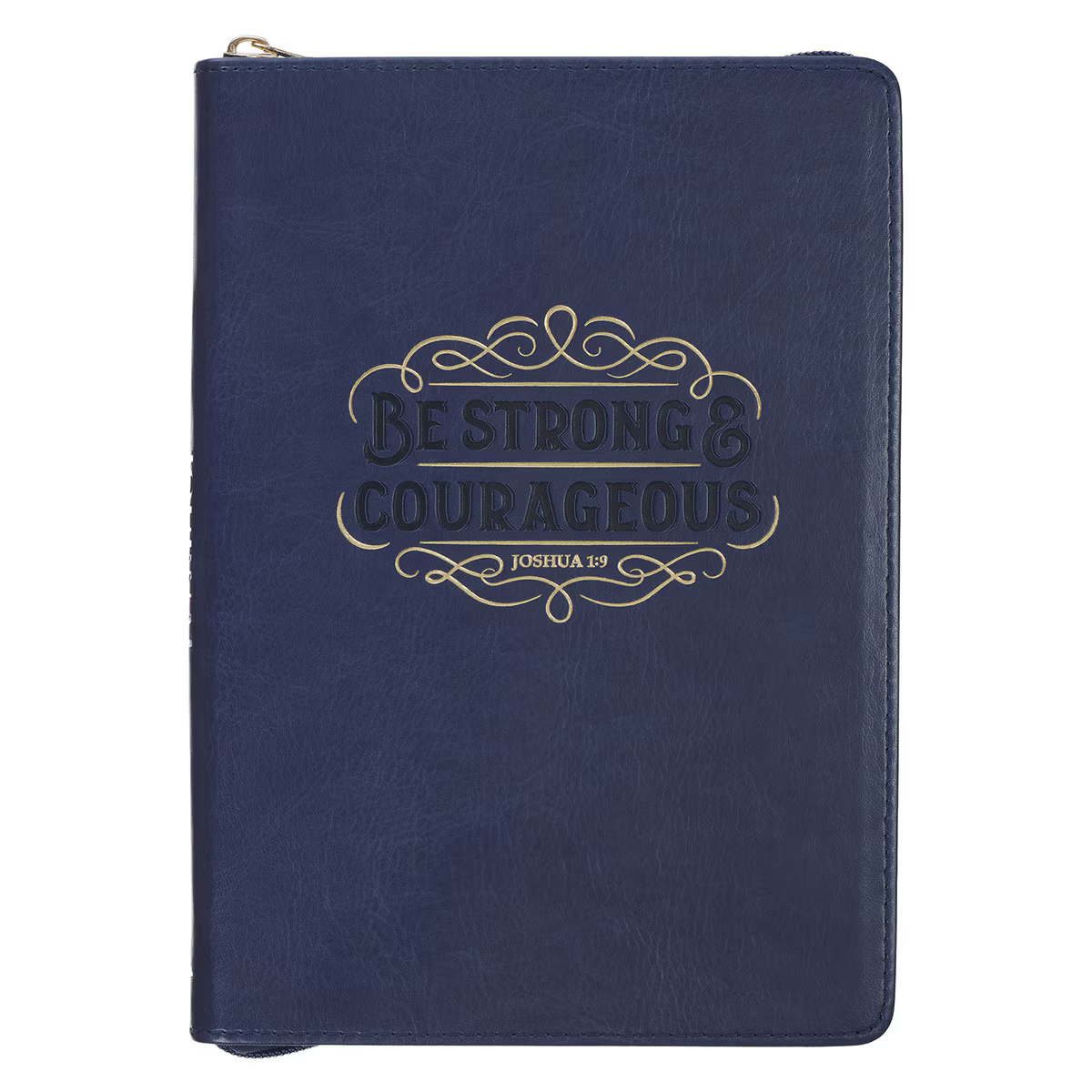 Journal-Zipper-Nvy Lthr-Strong & Courageous-Jos1:9