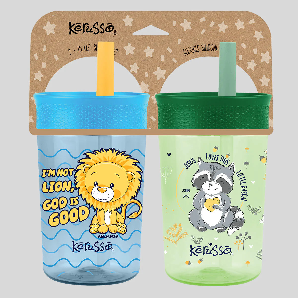 Cup Set-15oz-Silicone Straw-Racoon & Lion