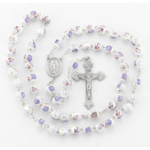Rosary-8mm-White/Pink glass flower bead-Pewter-PR5980WL