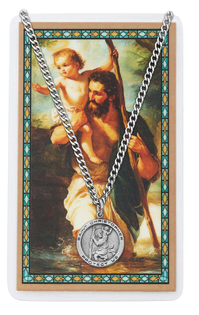 Necklace-Silvertone-18"-St Christopher-w/Prayer Card