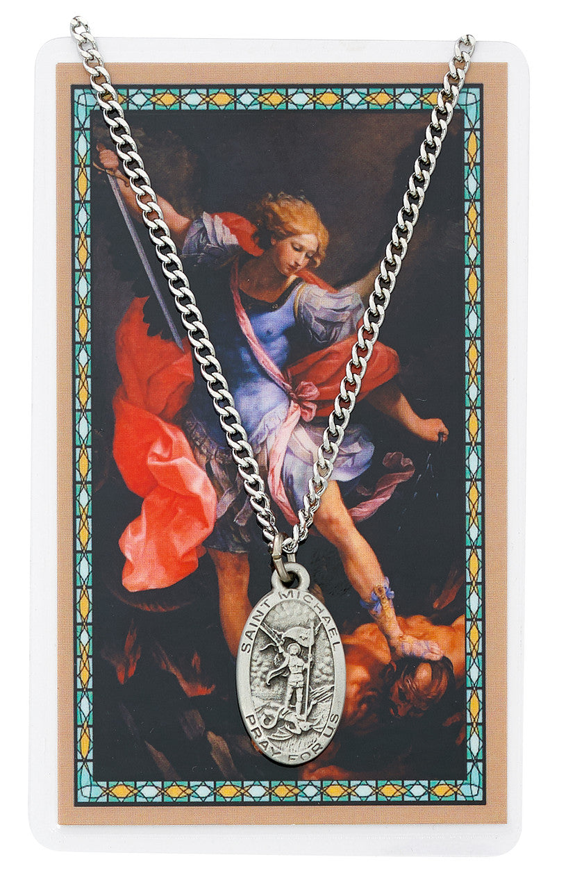 Necklace-Silvertone-24"-St Michael-w/Prayer Card