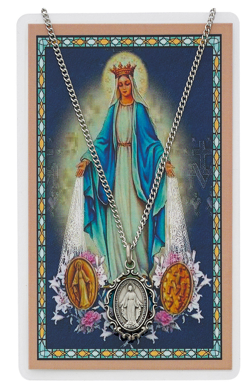 Necklace-Silvertone-18"-Miraculous-w/Prayer Card