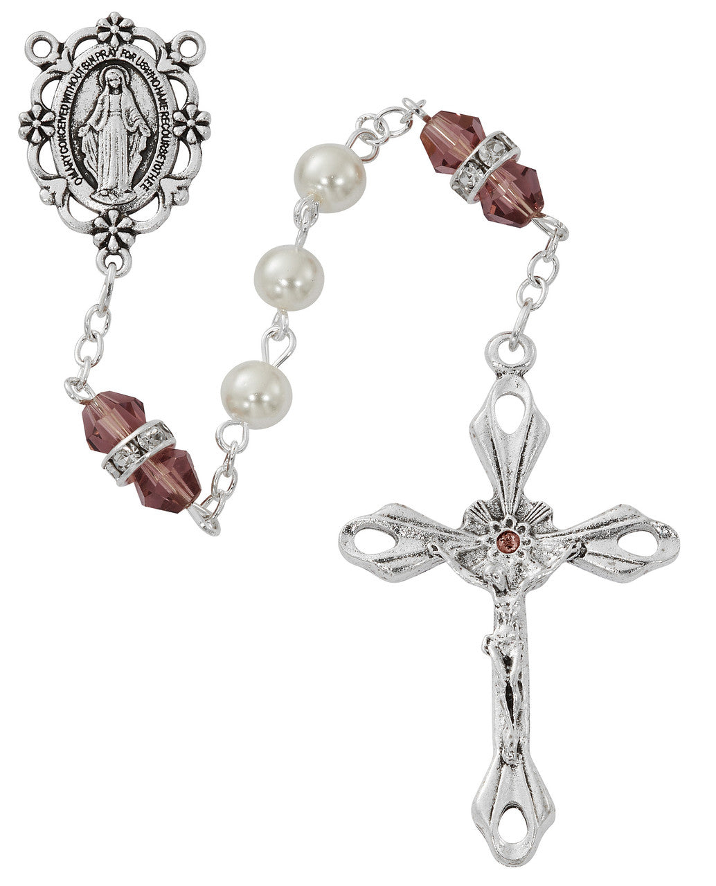 Rosary Center-6mm-Pearl-Dark Amethyst-Crucifix