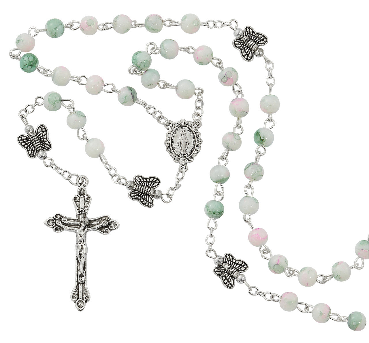 Rosary-Glass Bead-Pink-Green-Butterfly