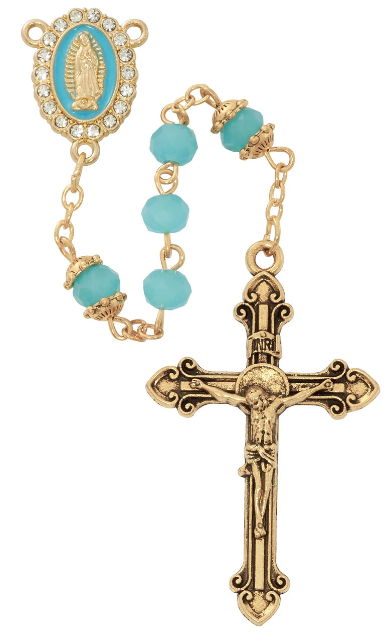 Rosary-6MM-Gold-Capped Aqua-Our Lady Guadalupe