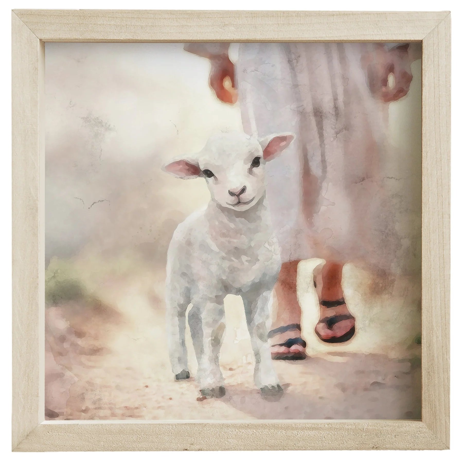 Plaque-Natural Wood Framed-Lamb Walking On Path