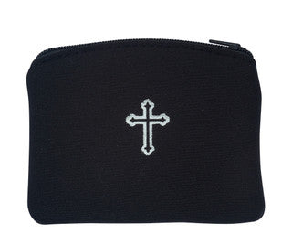 Rosary Case-Black Neoprene Pouch w/Silver Cross