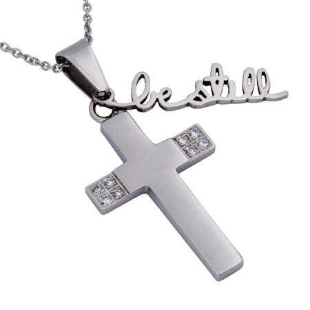 Necklace-CZ Handwriting Cross-Be Still