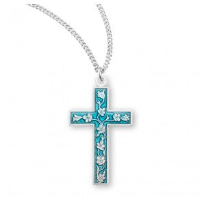 Necklace-Cross-SS-Light Blue-w/Floral Vine-S1741BL18