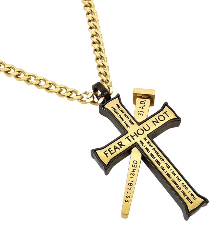 Necklace-Established Cross-Gold/Black-Fear Not-24"