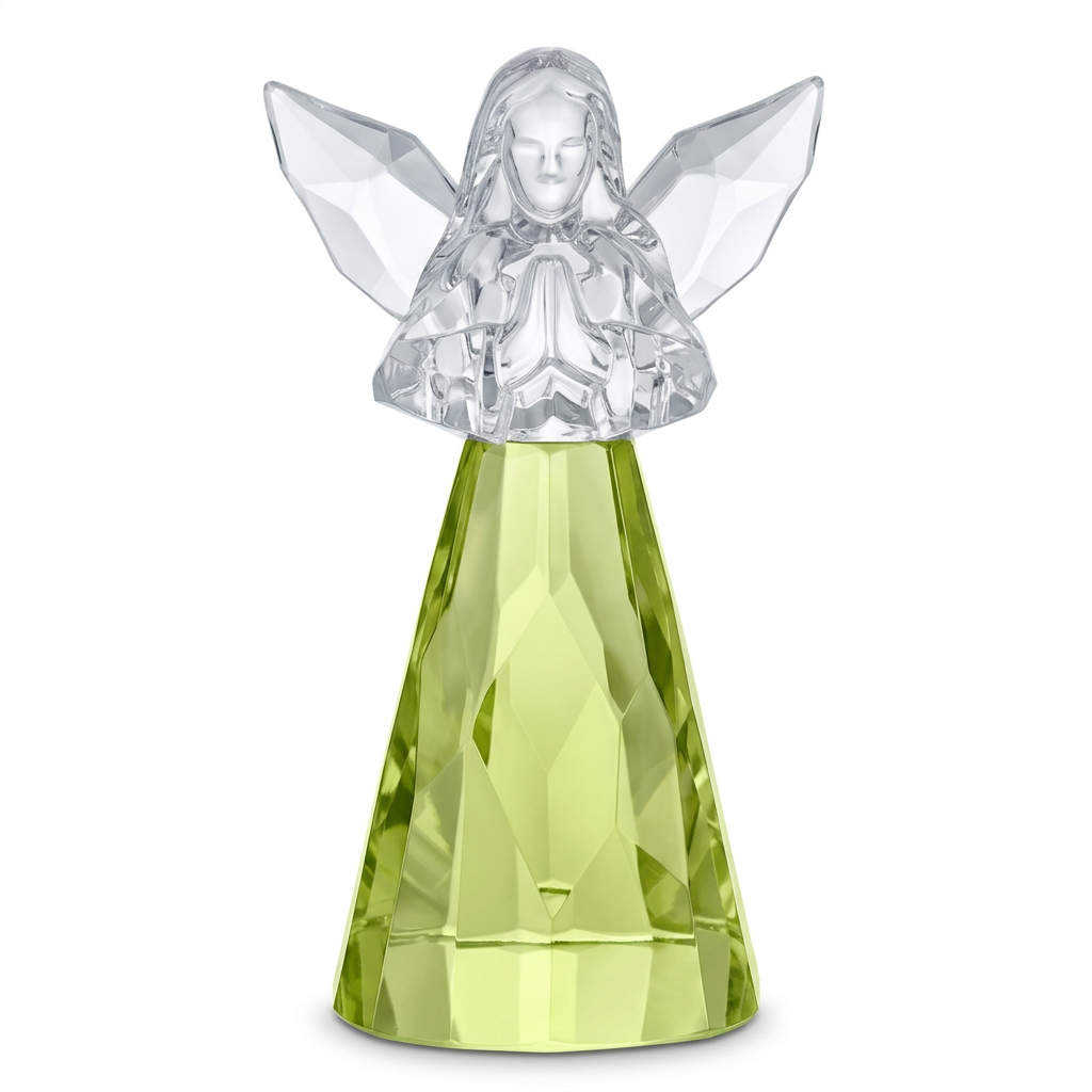 Peridot-green August acrylic praying angel with clear faceted wings on a white background