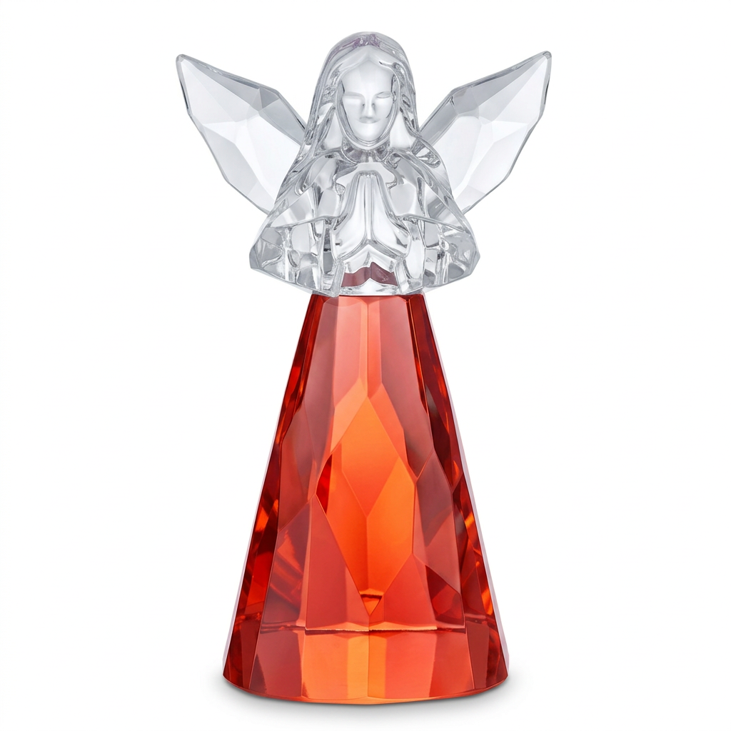 Warm red January acrylic praying angel with clear faceted wings on a white background