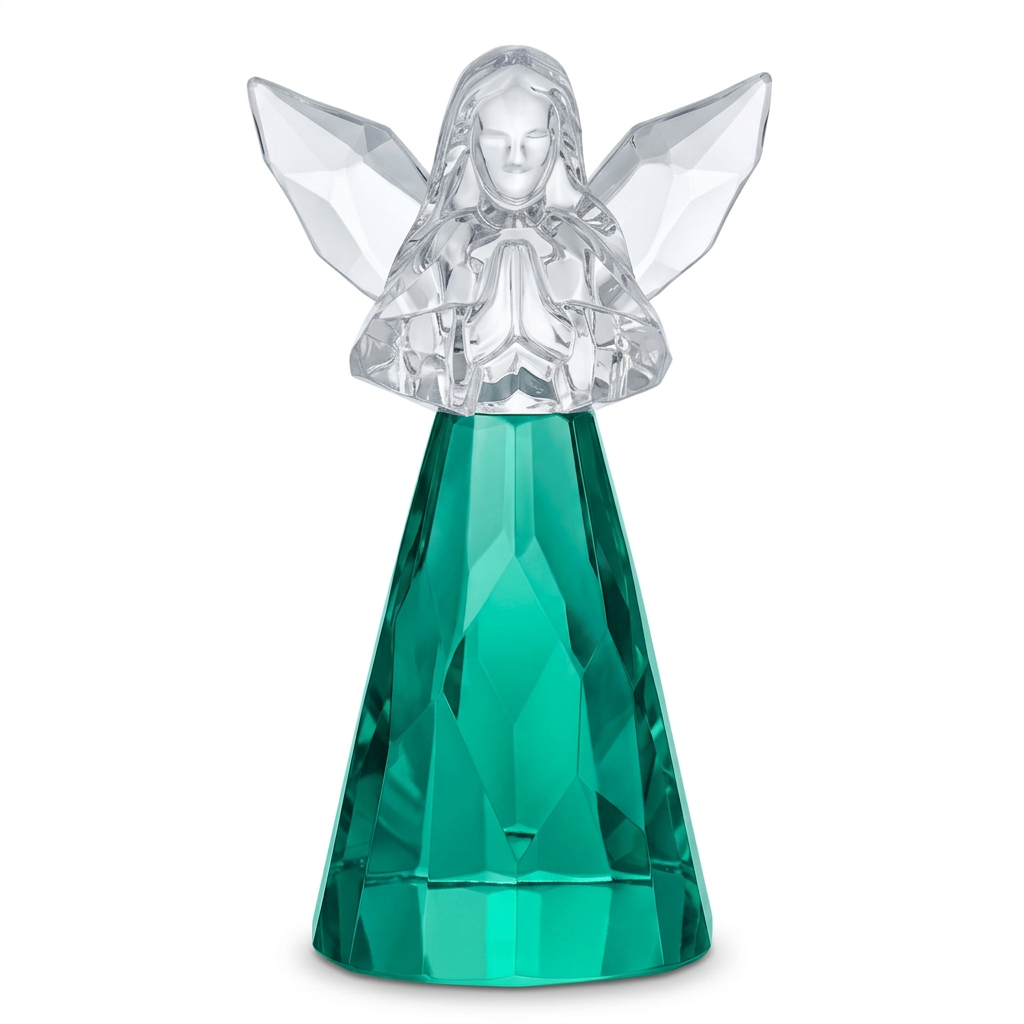 Emerald-green May acrylic praying angel with clear faceted wings on a white background