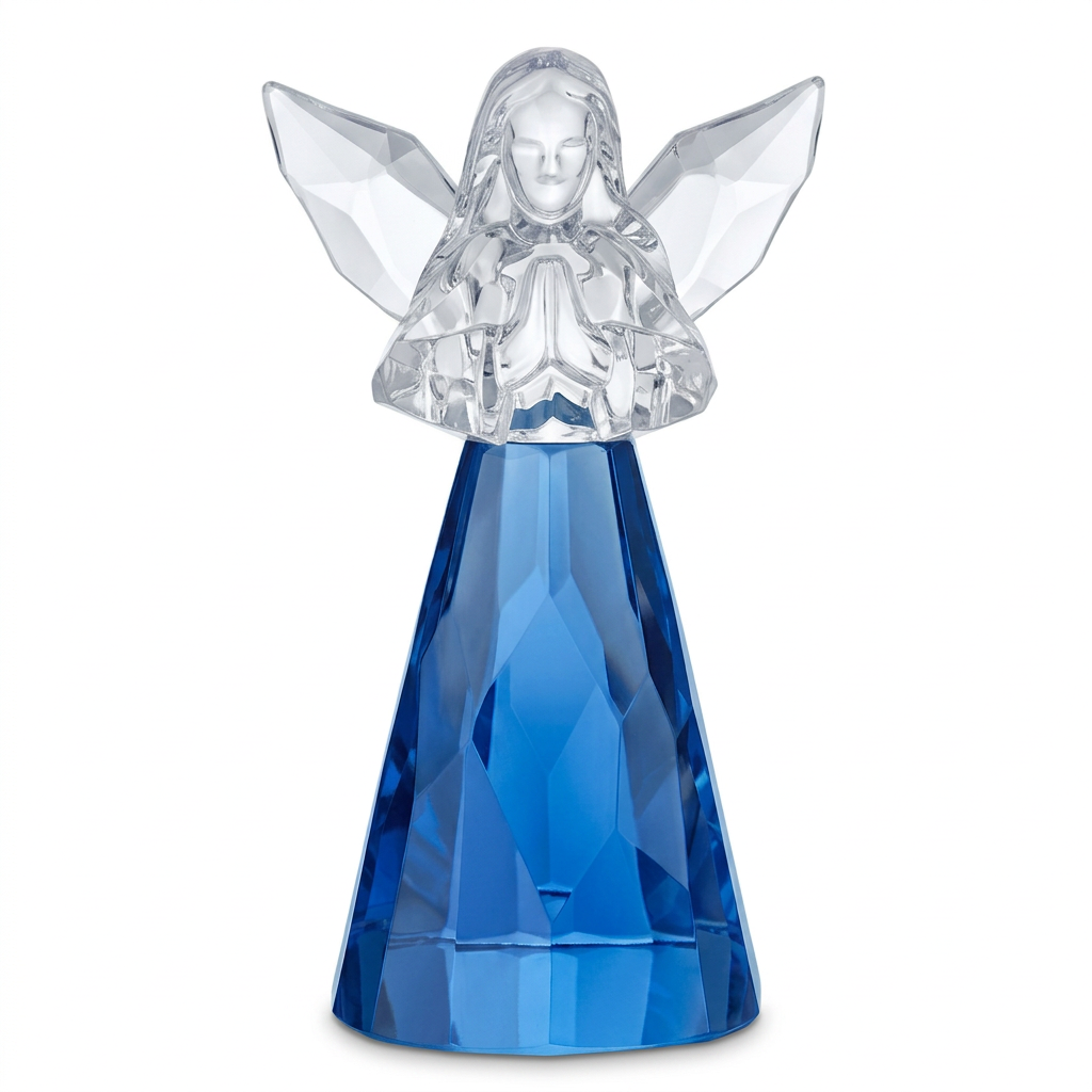 Blue December acrylic praying angel with clear faceted wings on a white background