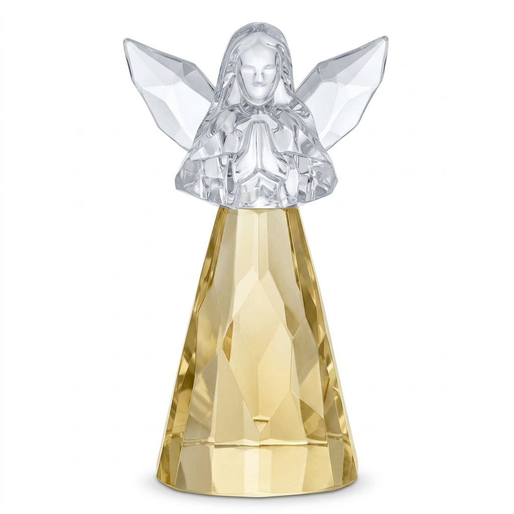 Golden-yellow November acrylic praying angel with clear faceted wings on a white background