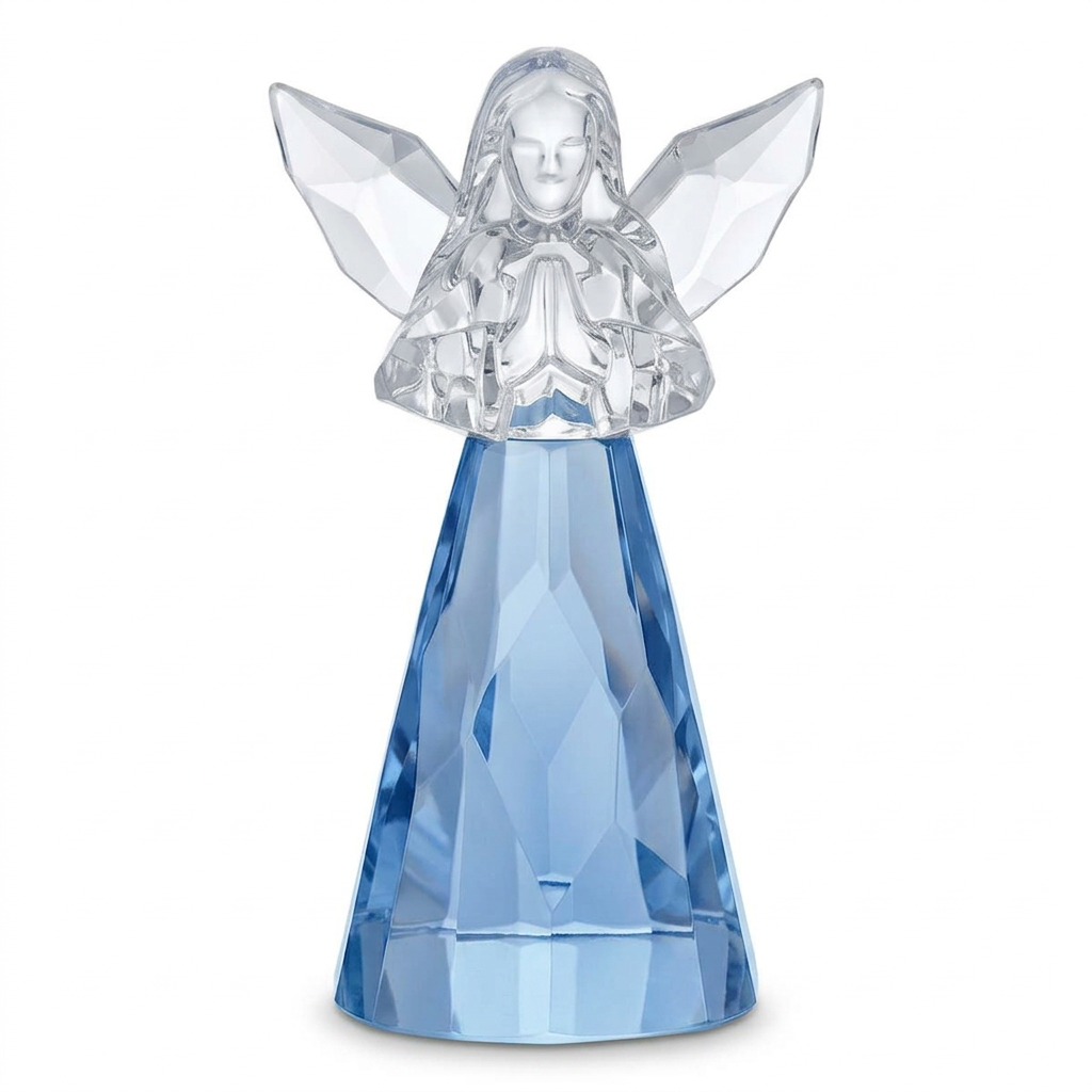 Light-blue September acrylic praying angel with clear faceted wings on a white background
