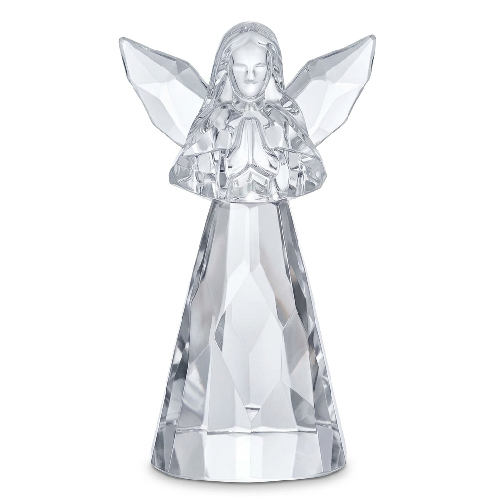 Clear April acrylic praying angel with faceted wings and base on a white background