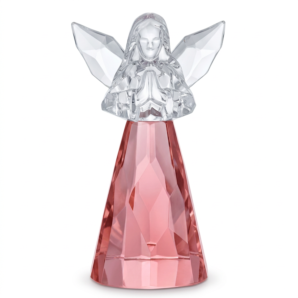 Pink acrylic praying angel with clear faceted wings on a white background