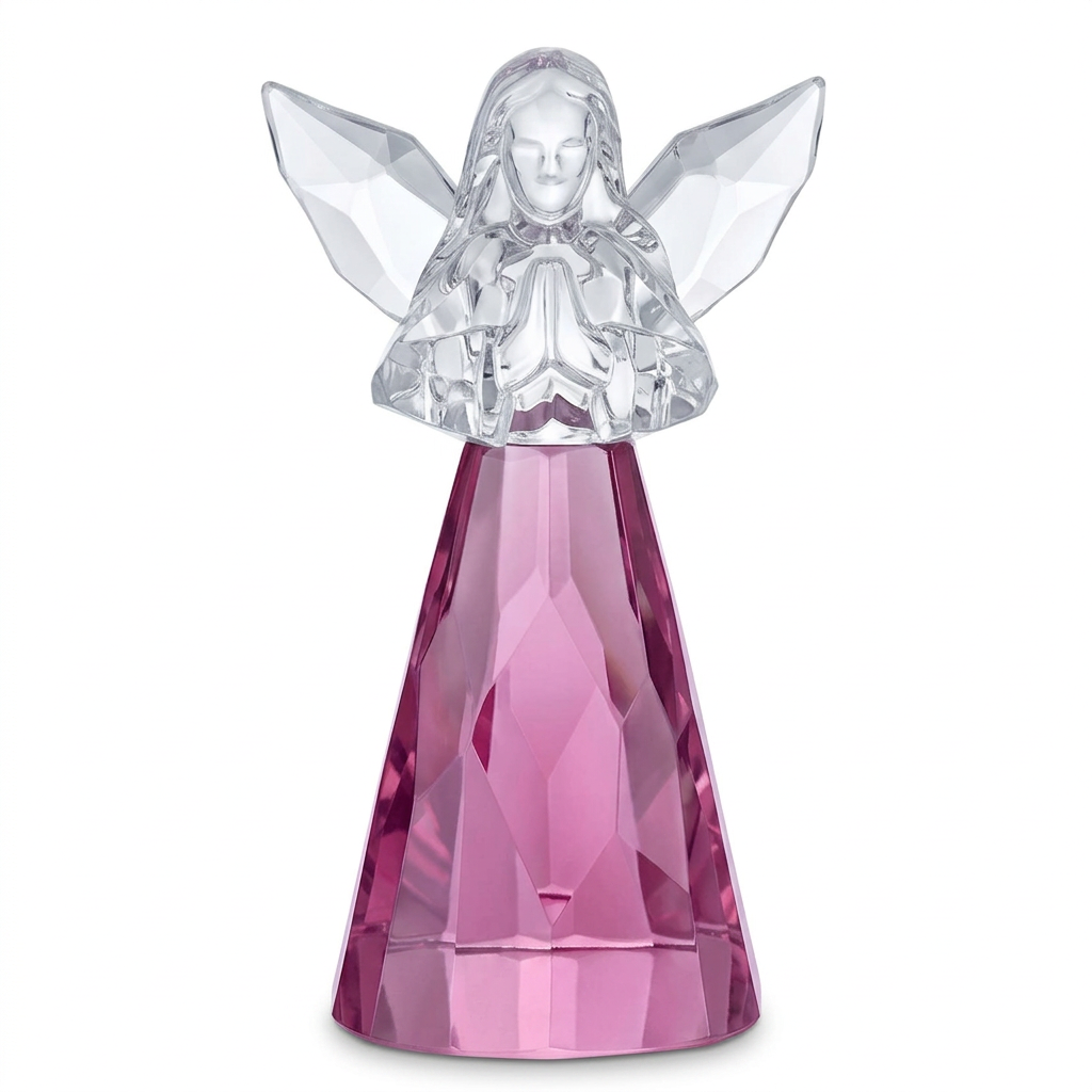 Pinkish-lavender June acrylic praying angel with clear faceted wings on a white background