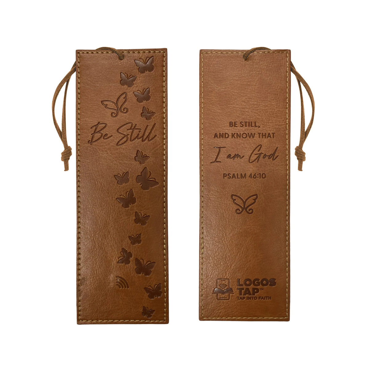 Bookmark-Logos Tap-Leather-Psa 46:10-Be Still-Brown