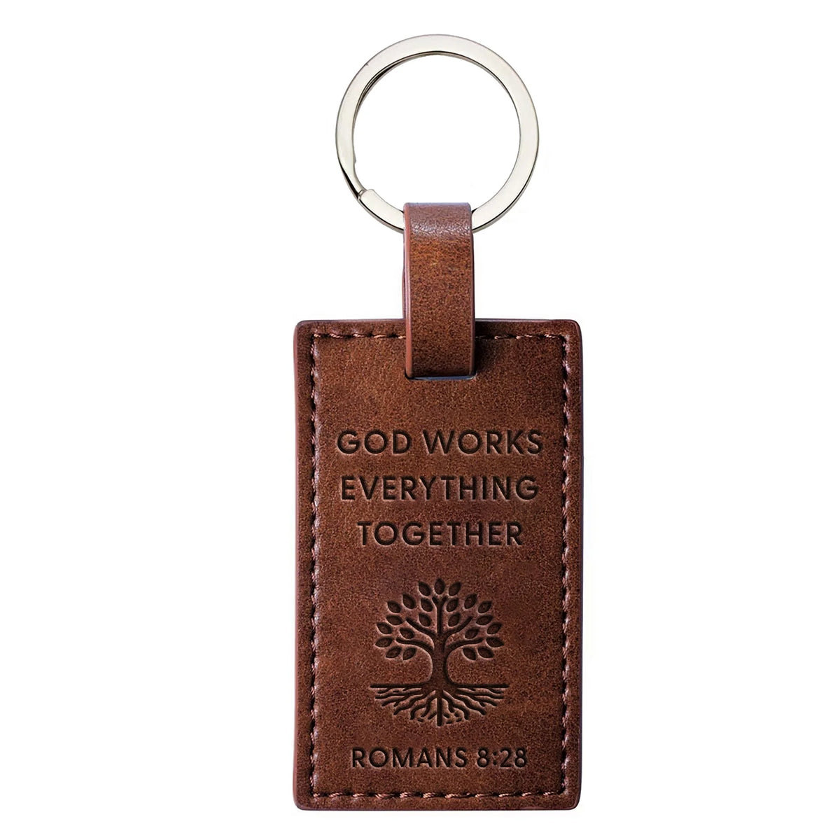 Keychain-Logos Tap-Leather-Rom 8:28-God Works-Dark Brown