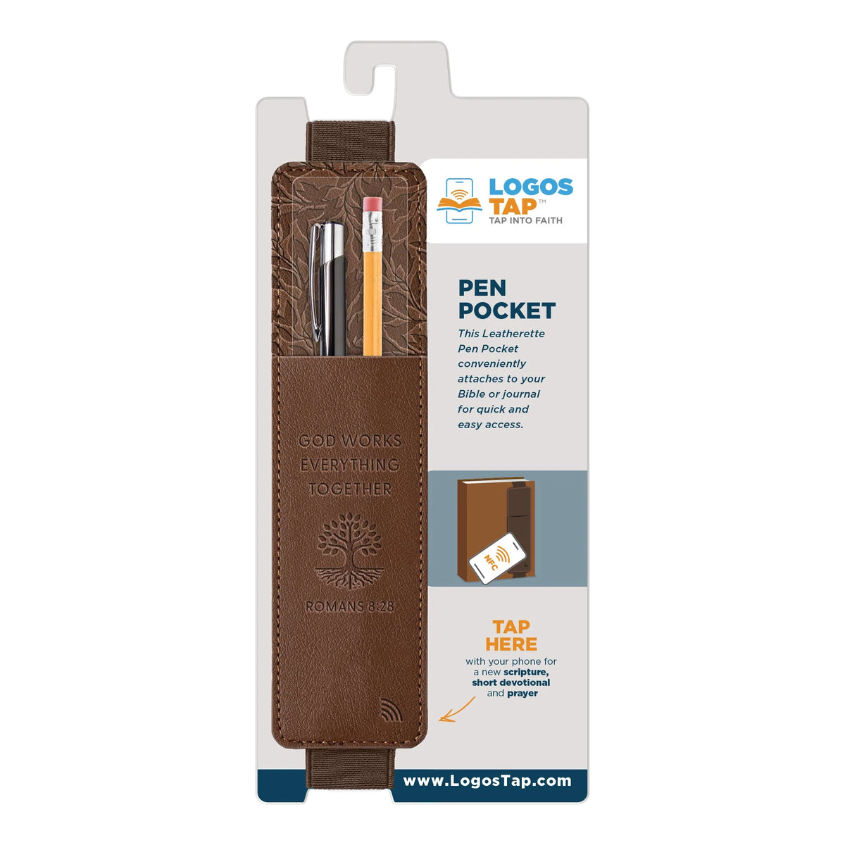 Pen Pocket-Logos Tap-Leather-Rom 8:28-God Works-Dark Brown