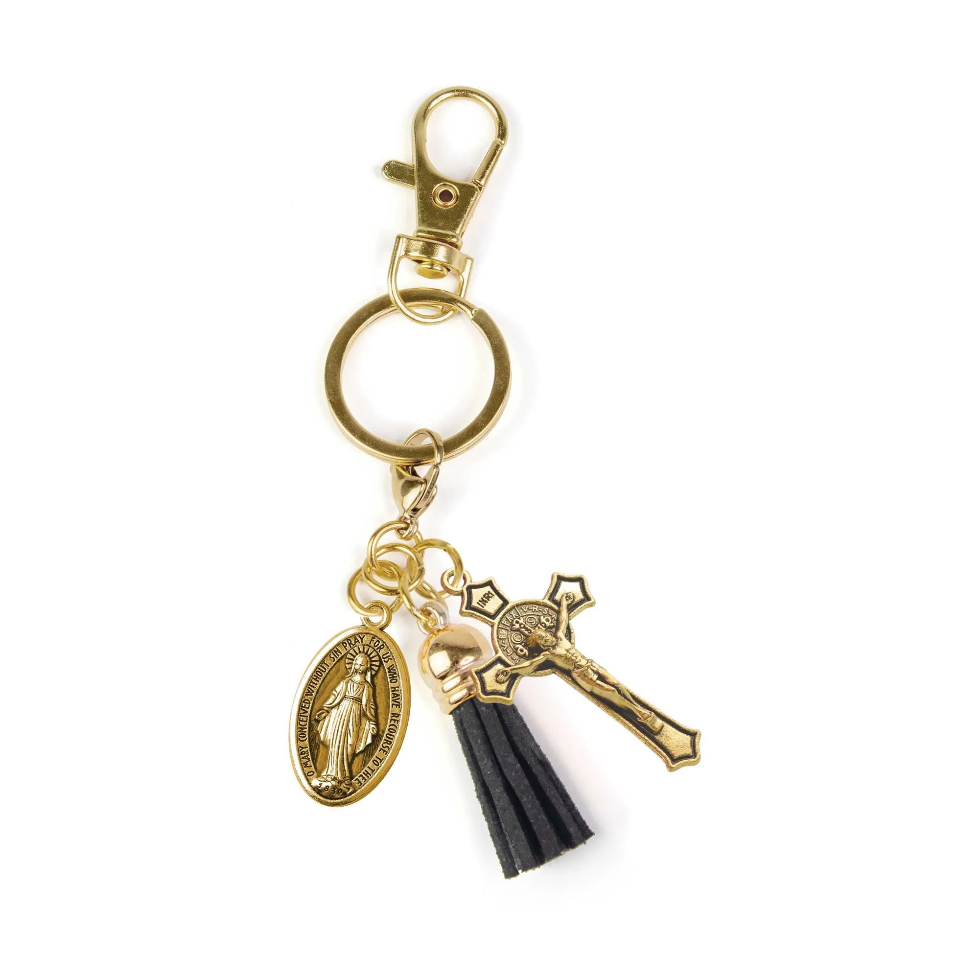 Keychain-Crucifix-St Benedict-Miraculous Medal-Black Tassel