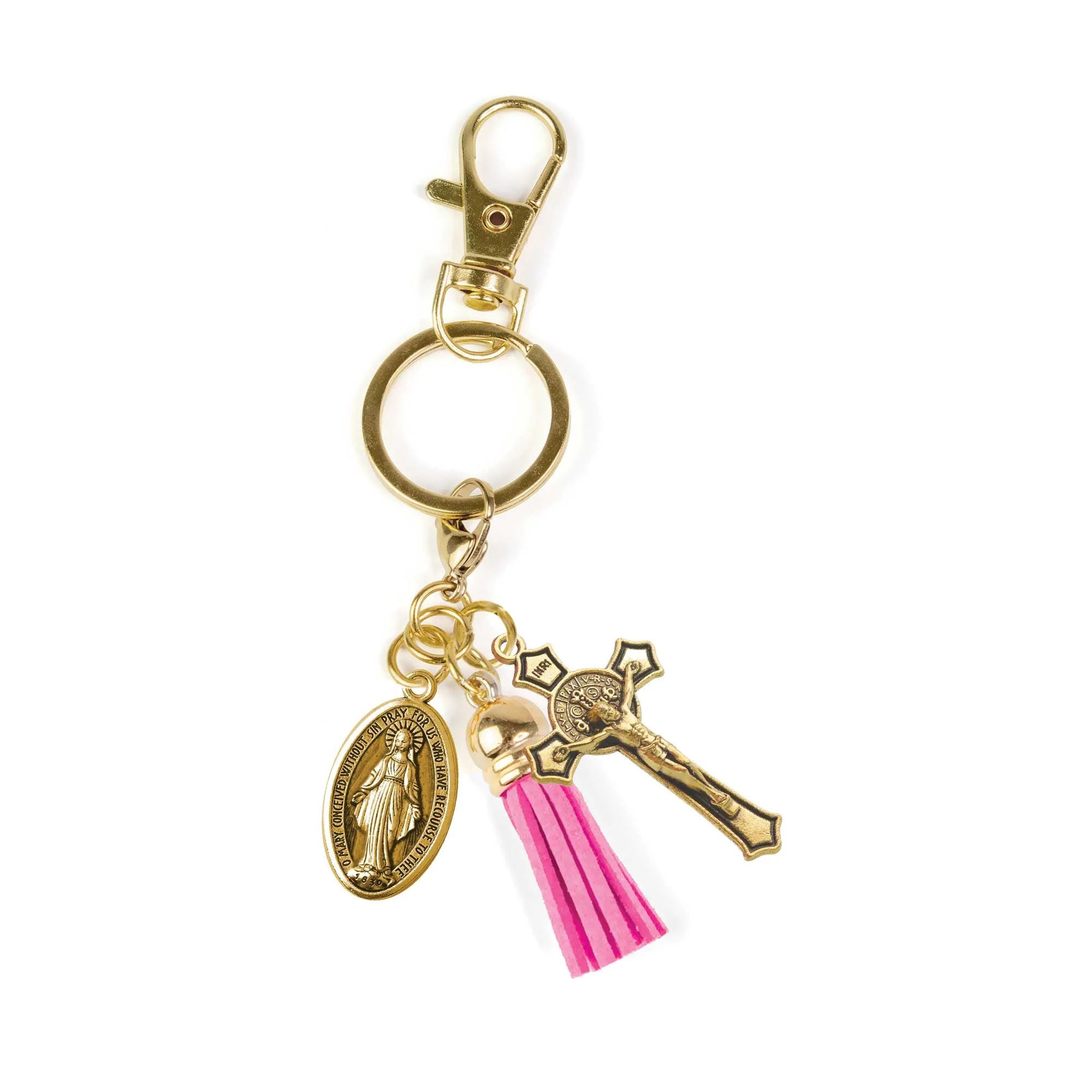 Keychain-Crucifix-St Benedict-Miraculous Medal-Pink Tassel