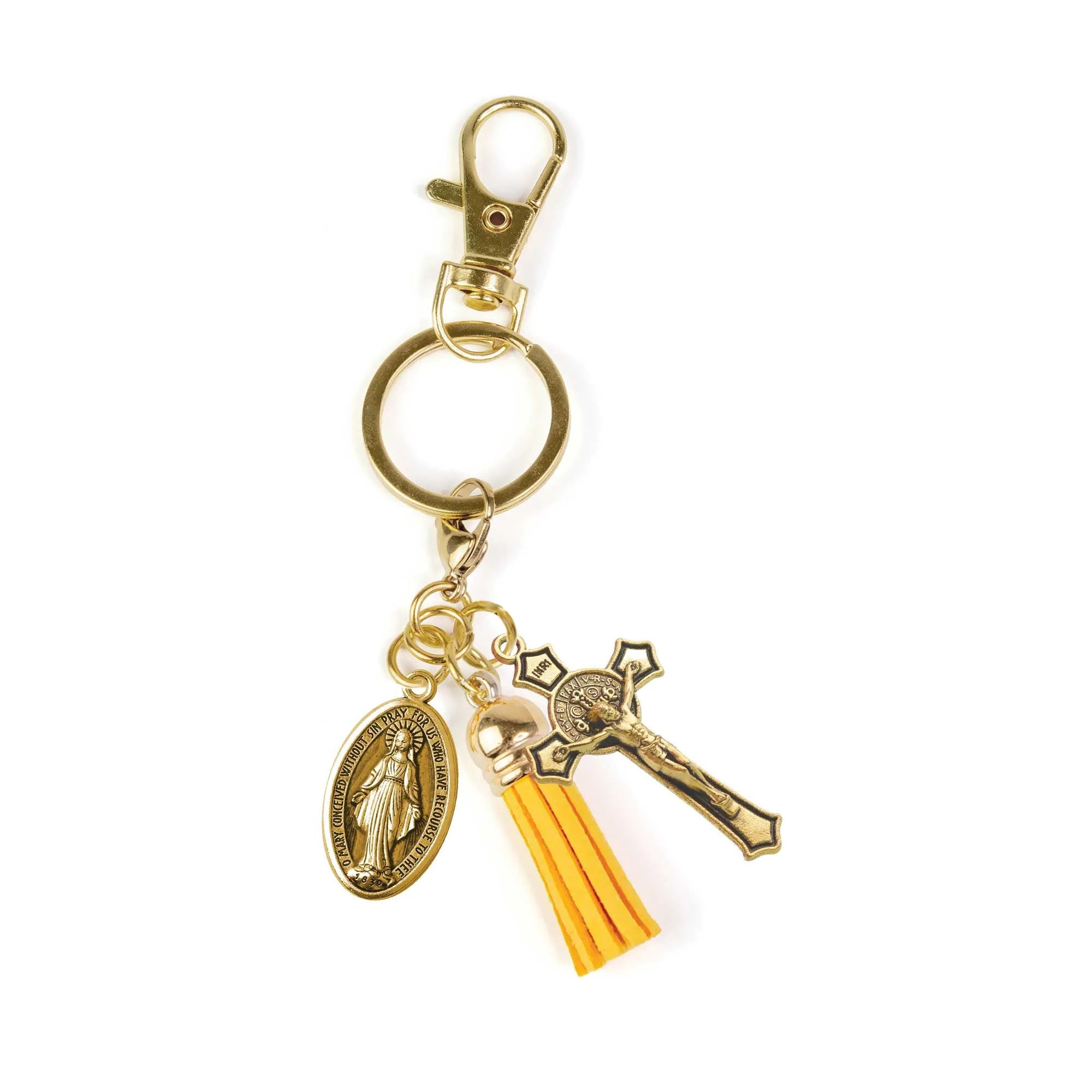 Keychain-Crucifix-St benedict-Miraculous Medal-Yellow Tassel