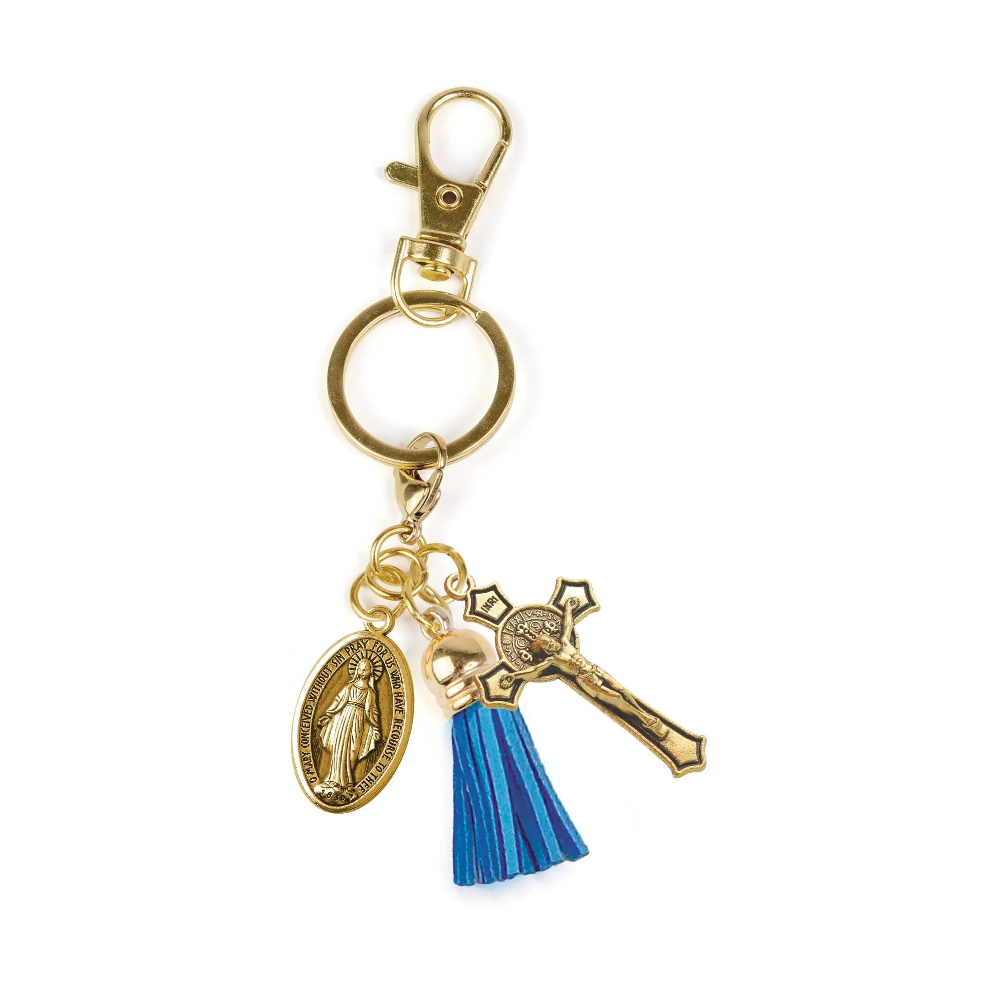 Keychain-Crucifix-St Benedict-Miraculous Medal-Bright Blue Tassel