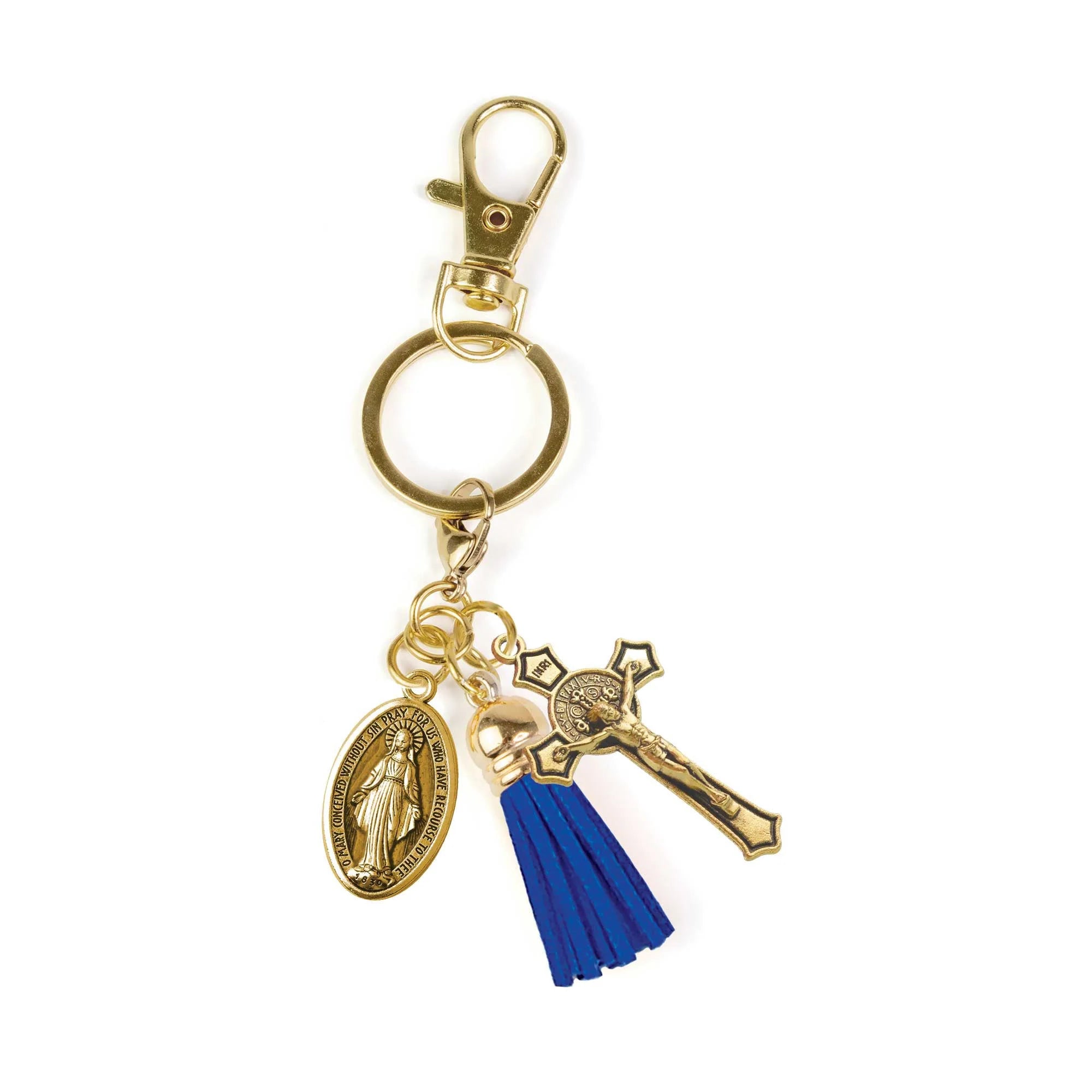Keychain-Crucifix-St Benedict-Miraculous Medal-Royal Blue Tassel