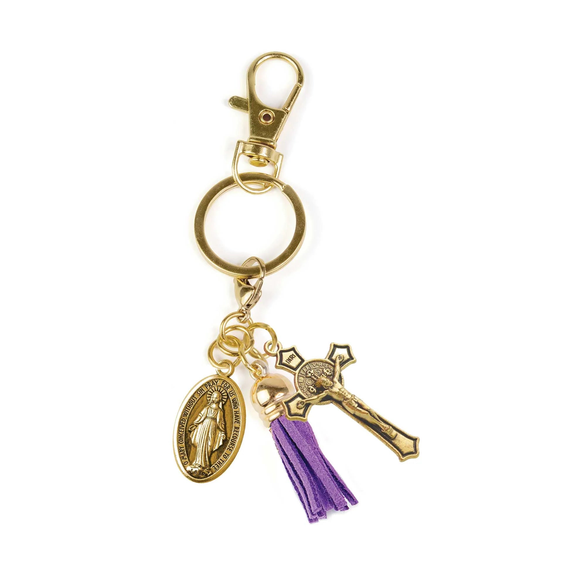 Keychain-Crucifix-St Benedict-Miraculous Medal-Purple Tassel
