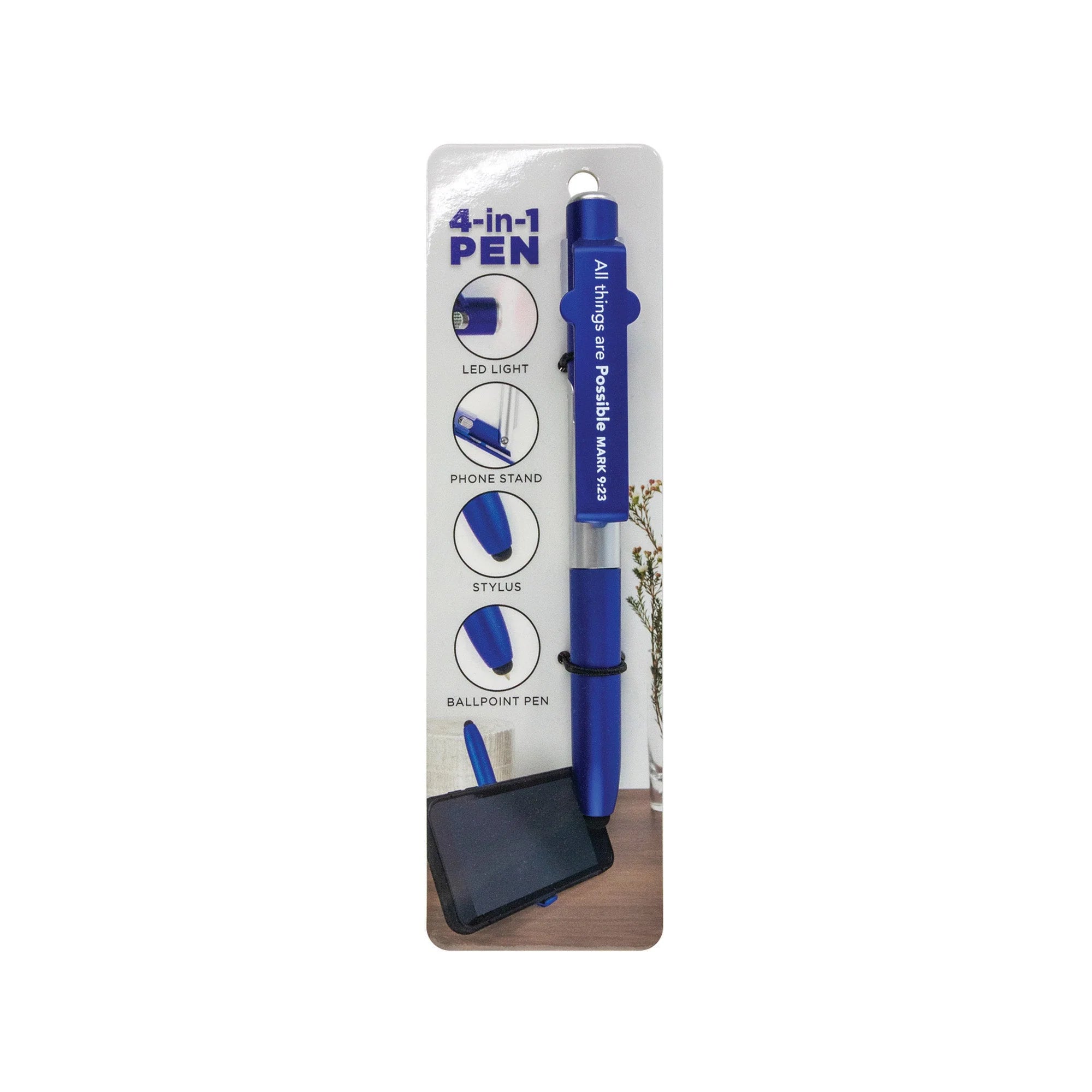 Pen-Flashlight-Stylus-Phone Holder-Blue-Mrk 9:23-All Things