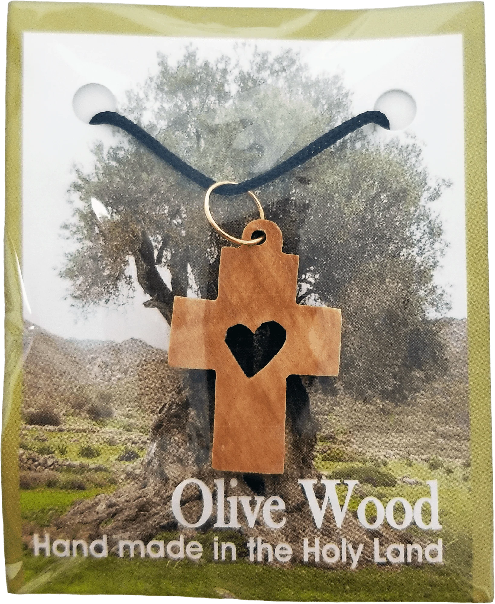 Necklace-Blk Cord-Cross-Olive Wood-Heart Cutout