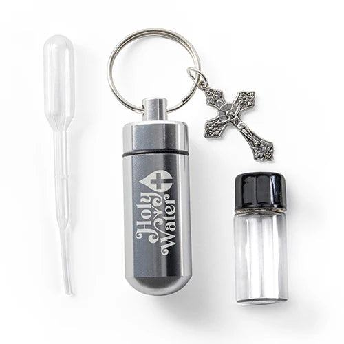 Holy Water Bottle-Keychain-Kit w/Dropper-Silver