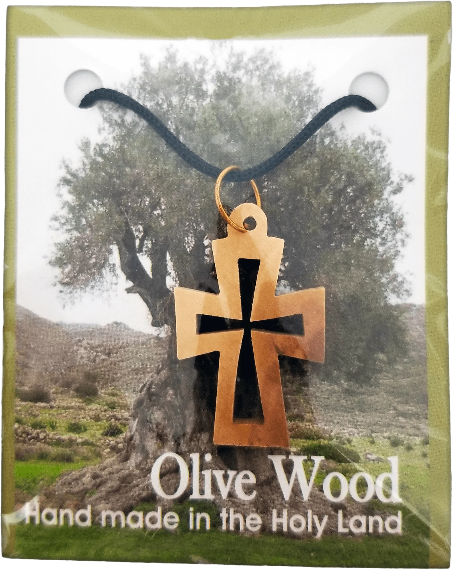 Necklace-Blk Cord-Cross-Olive Wood-Cross Cutout