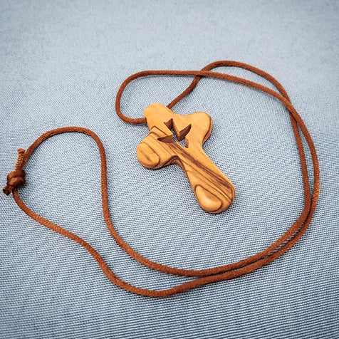 Necklace-Brn Cord-Cross-Comfort-Olive Wood-Dove Cutout