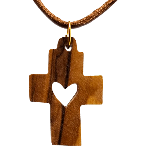 Necklace-Blk Cord-Cross-Olive Wood-Heart Cutout