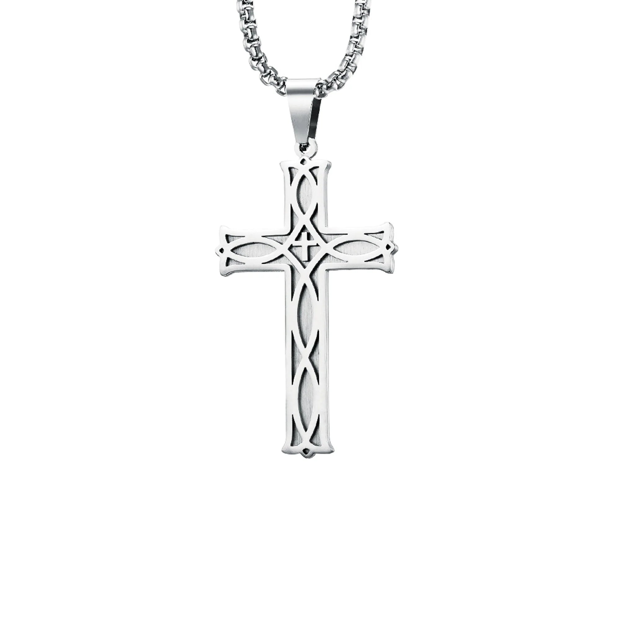Necklace-SS-Cross-Fish-Silver-24"