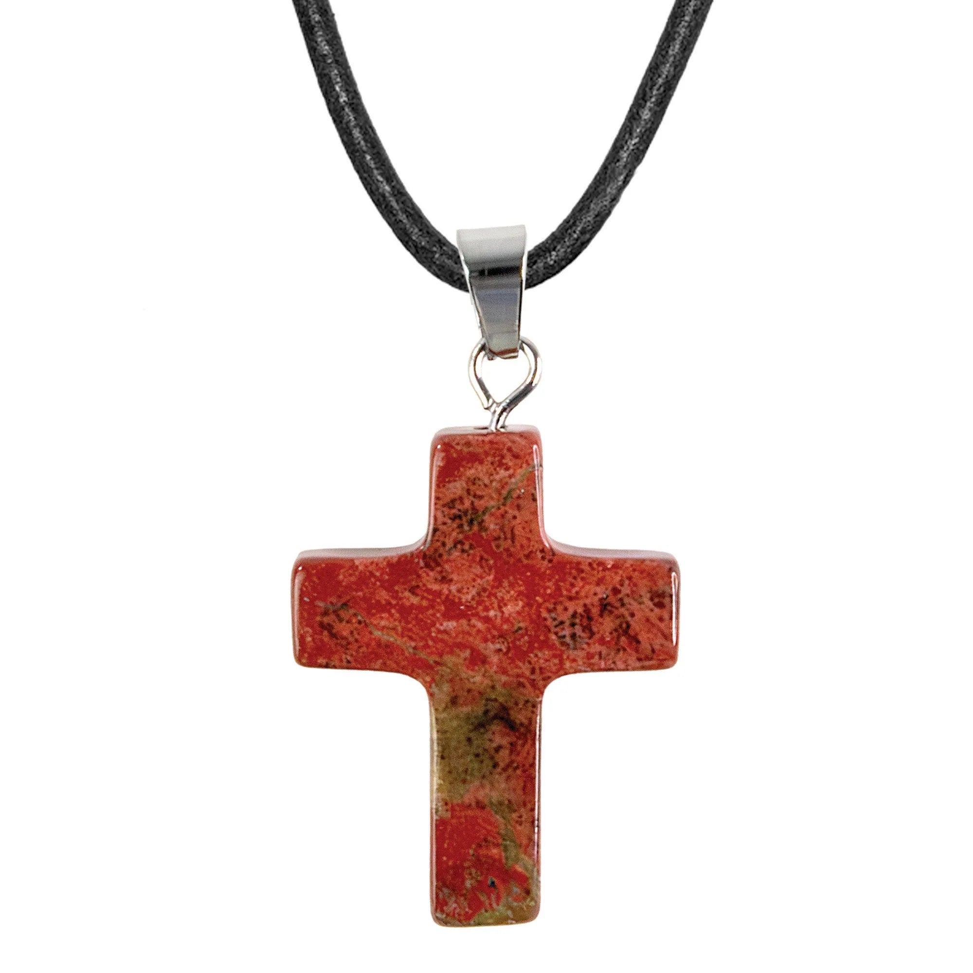 Necklace-Blk Cord-Stone Cross-Red Jade